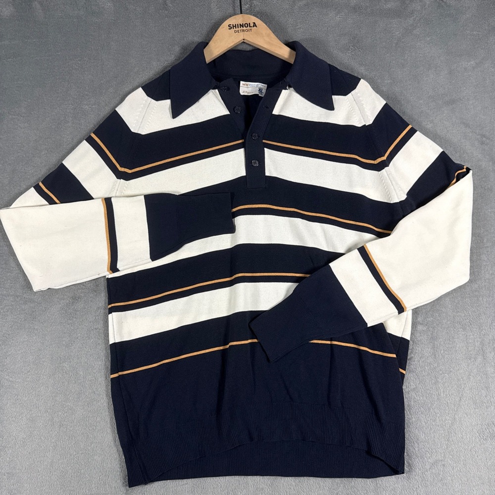 Vintage 70s JCPenney Striped Knit Polo Sweater Butterfly Collar Navy White  XL